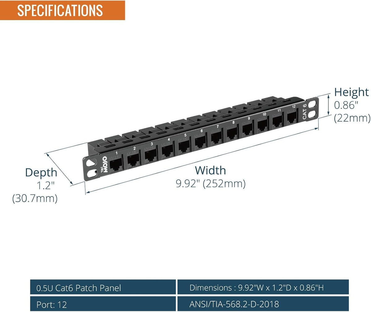 Tecmojo 12-Port Cat6 Patch Panel, 0.5U Rack Mount Modular Panel with Keystone Coupler, for 10" Server Rack & Network Cabinet, Gigabit Ethernet, Black