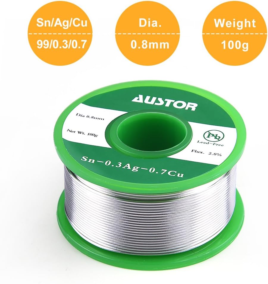 AUSTOR 0.8mm Lead Free Solder Wire with Rosin Core, 100g