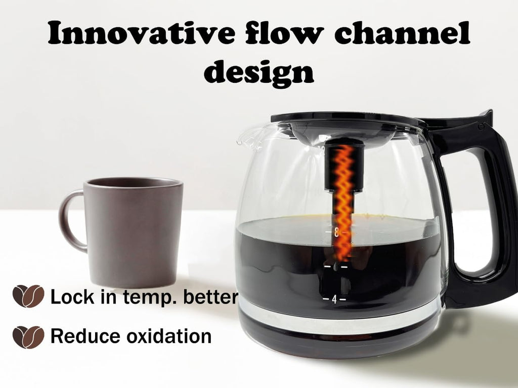 Universal 12-Cup Glass Replacement Coffee Carafe, Compatible with Multiple Coffee Maker Brands, Black Handle
