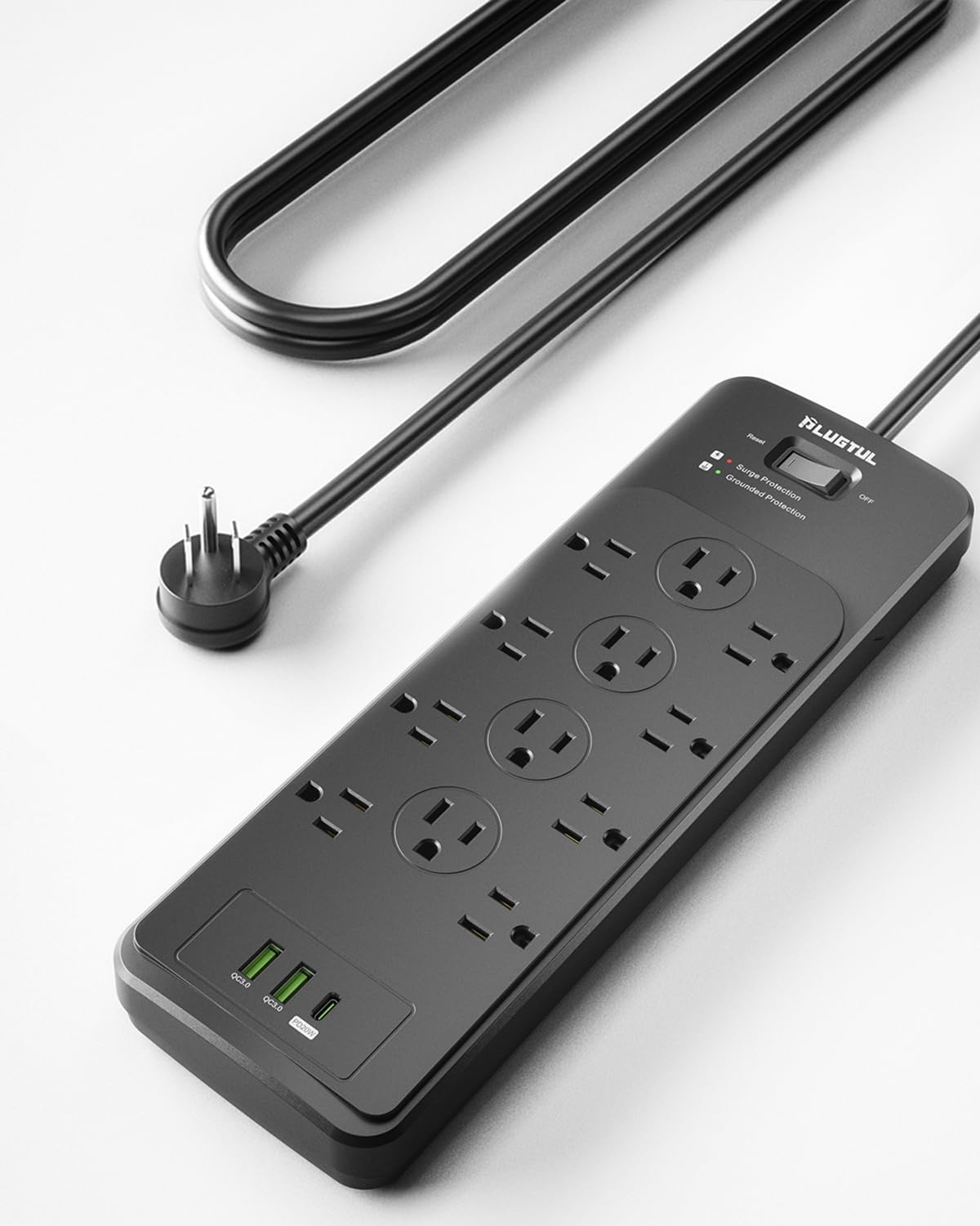 Surge Protector Power Strip 5FT | Black Surge Protector with 12 Outlets - Spacious Design for Large Plugs, Flat Plug