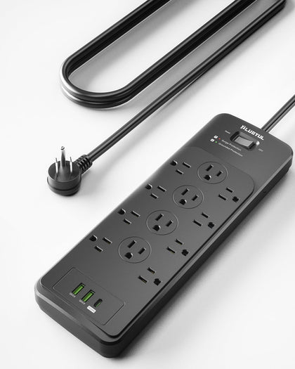 Surge Protector Power Strip 5FT | Black Surge Protector with 12 Outlets - Spacious Design for Large Plugs, Flat Plug