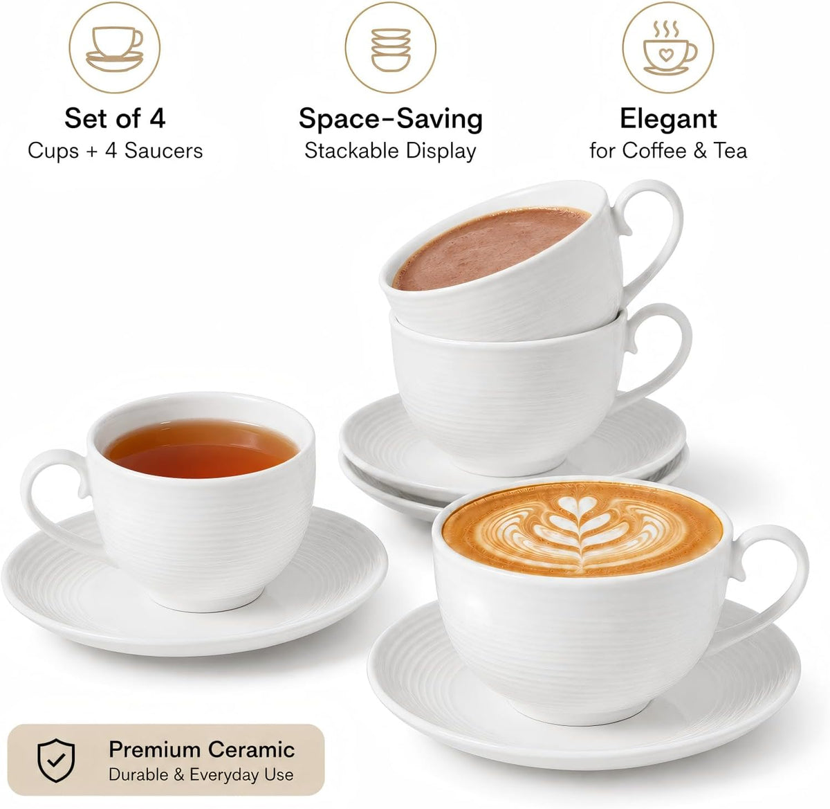 Porcelain Cappuccino Cups with Saucers, 4-Piece Coffee Cup Set