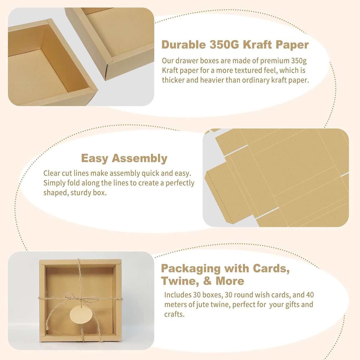 30 Kraft Gift Boxes, 5.5x5.5x2 in with Raffia Blank Tags Jute String