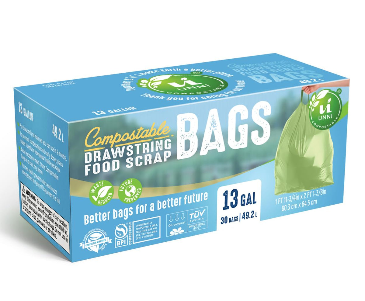 Compostable Drawstring Bags, 13 Gallon, 30 Count, Extra Thick 1 Mil