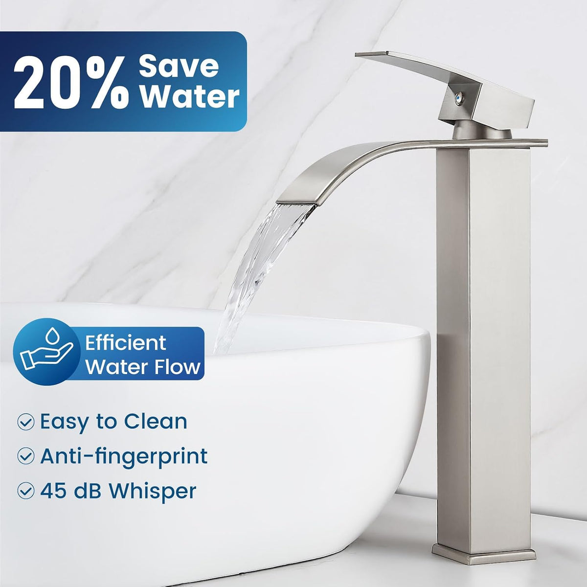 Vessel Sink Faucet,Nickel Tall Waterfall Faucet No Drain