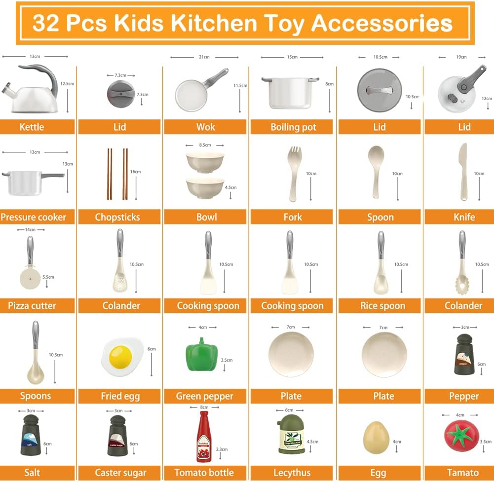 32Pcs Kids Play Kitchen Toys Set, Toddlers Pretend Cooking Playset Acccessories with Pots Pans, Utensils Cookware