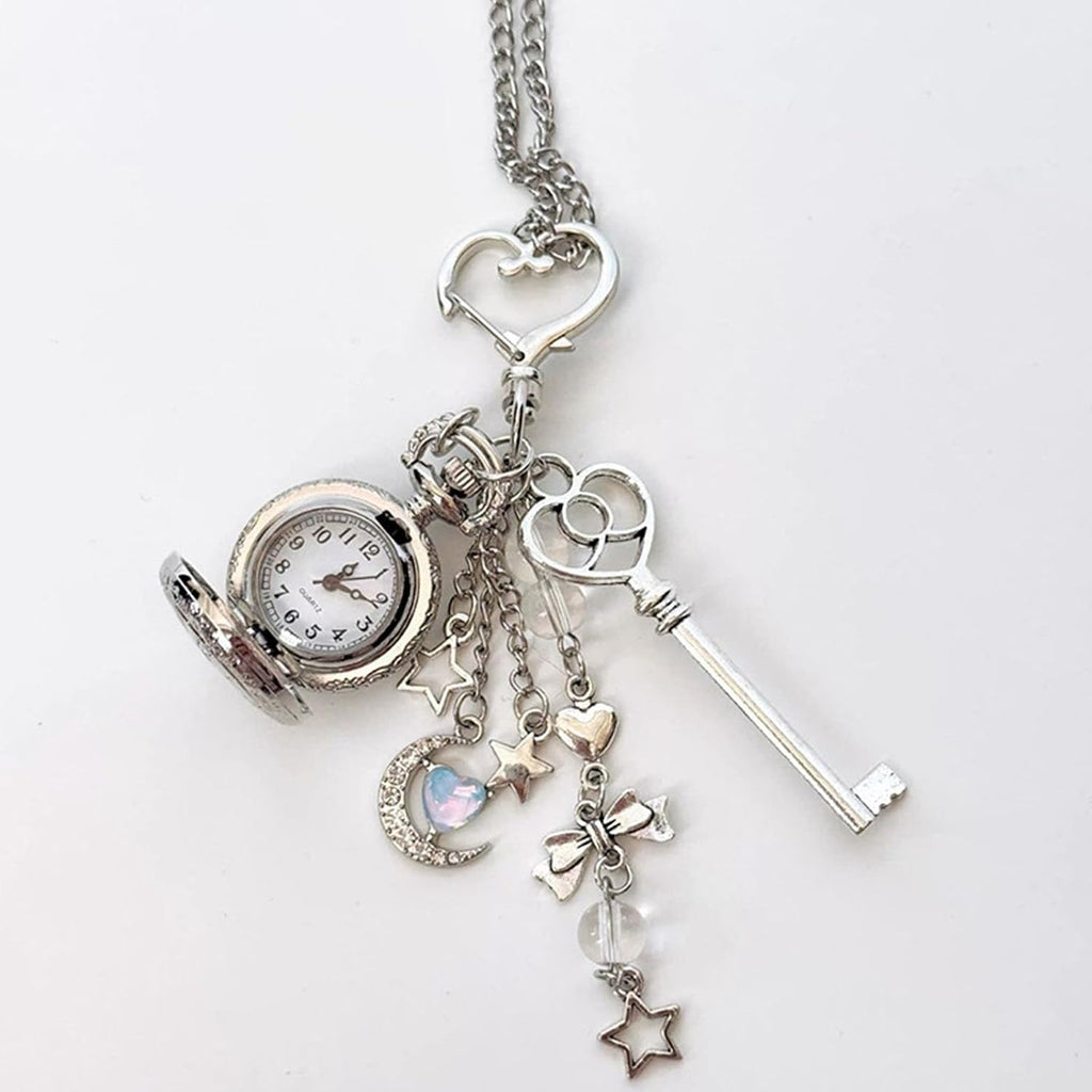 Cartoon Bear Shaped Flipped Lid Heart/Round Locket Keychain Necklace with Vintage Pocket Watch and Star