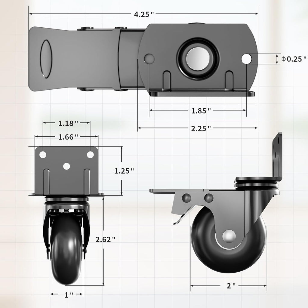 2 in Side Mount Plate Caster Wheels Heavy Duty 800 LBS | Thickened L-Shaped, 360° Swivel, Locking Dual Brake, Quiet