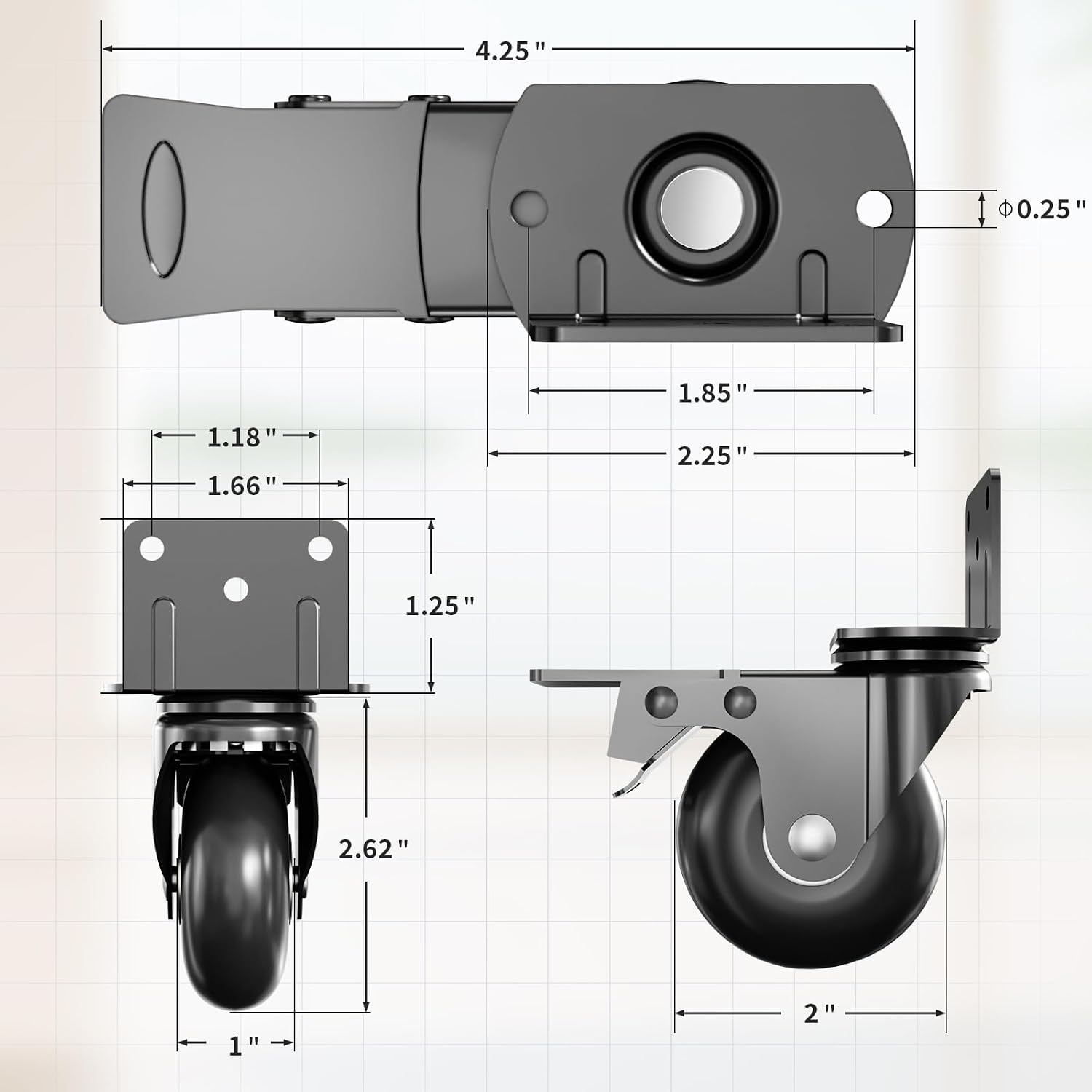 2 in Side Mount Plate Caster Wheels Heavy Duty 800 LBS | Thickened L-Shaped, 360° Swivel, Locking Dual Brake, Quiet