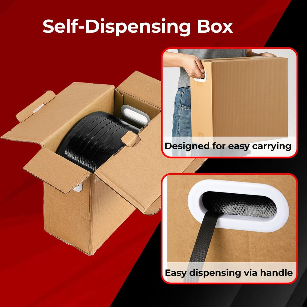 5/8" x1500 ft Black PET Strapping Kit with Self-Dispensing Box &100 Buckles