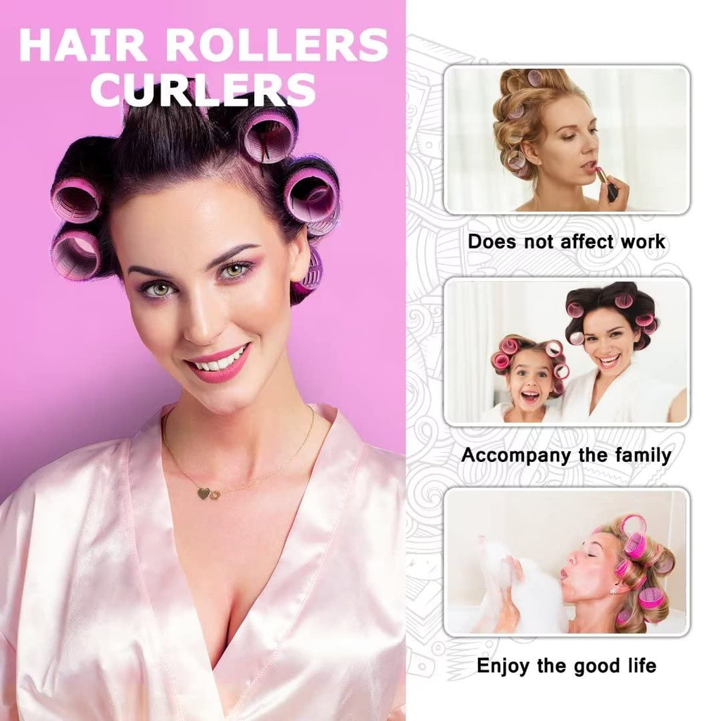 Self Grip Hair Rollers Set, 18 Rollers in 3 Sizes with Clips | Includes 10 Clips, Rat Tail Comb and Storage Bag; Adds