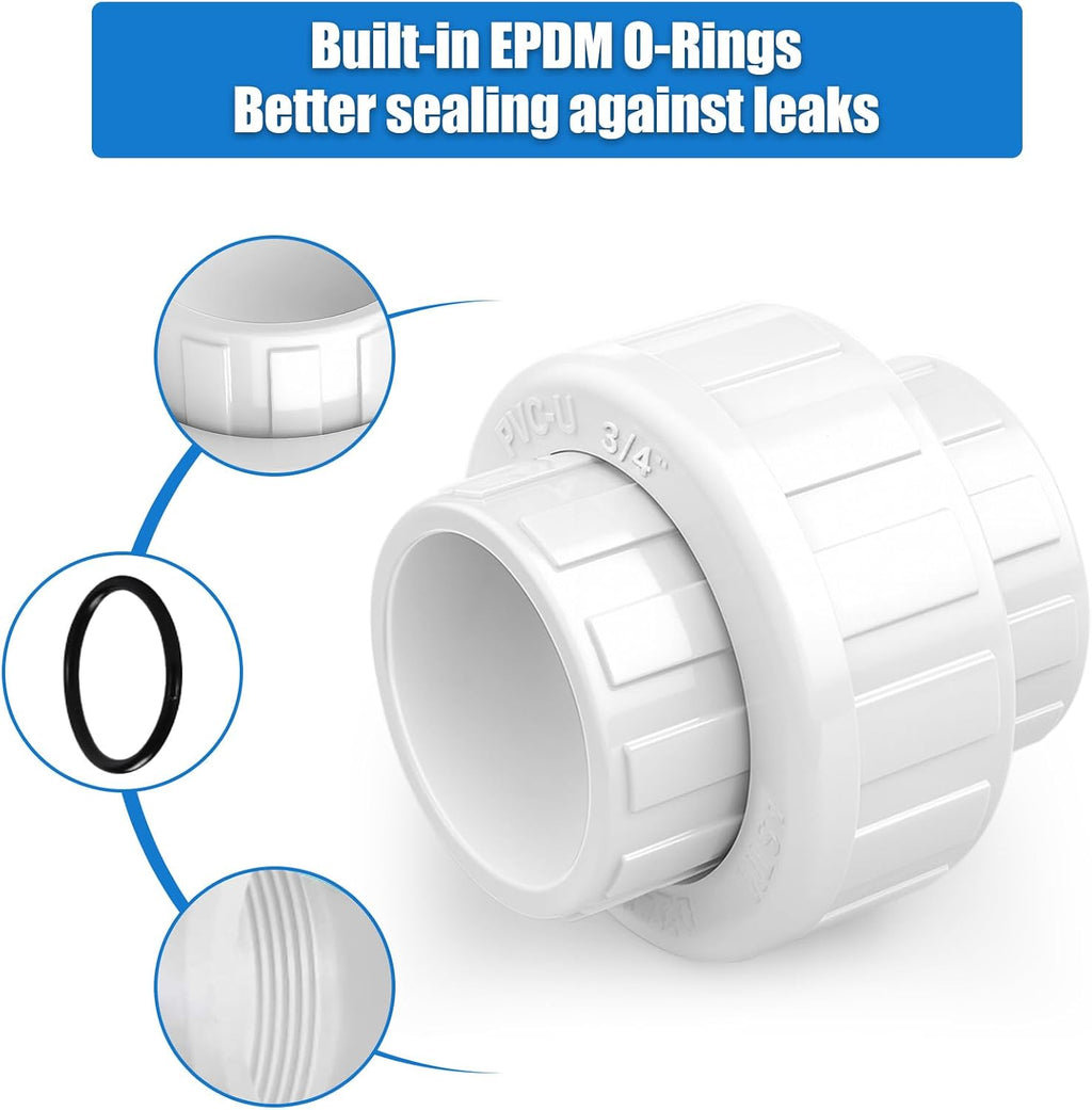 9 pcs 3/4 Inch PVC Union, Socket x Socket Schedule 40 Fitting with EPDM O-Ring for Plumbing, Irrigation, Pool & Outdoor Watering Systems