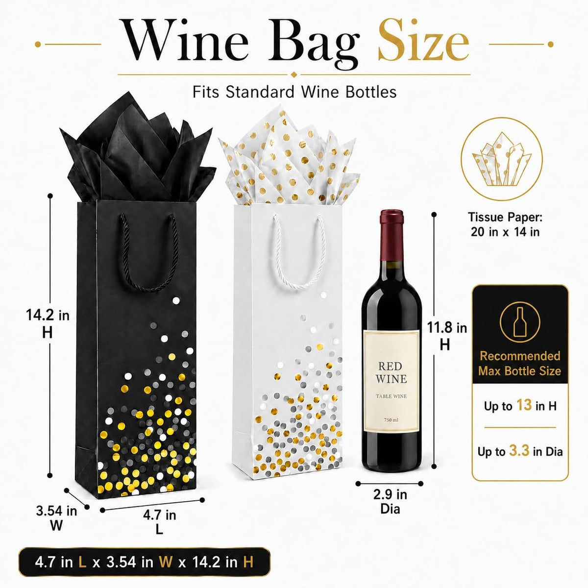 6 Pack Wine Gift Bags, 3 Black and 3 White Bottle Bags