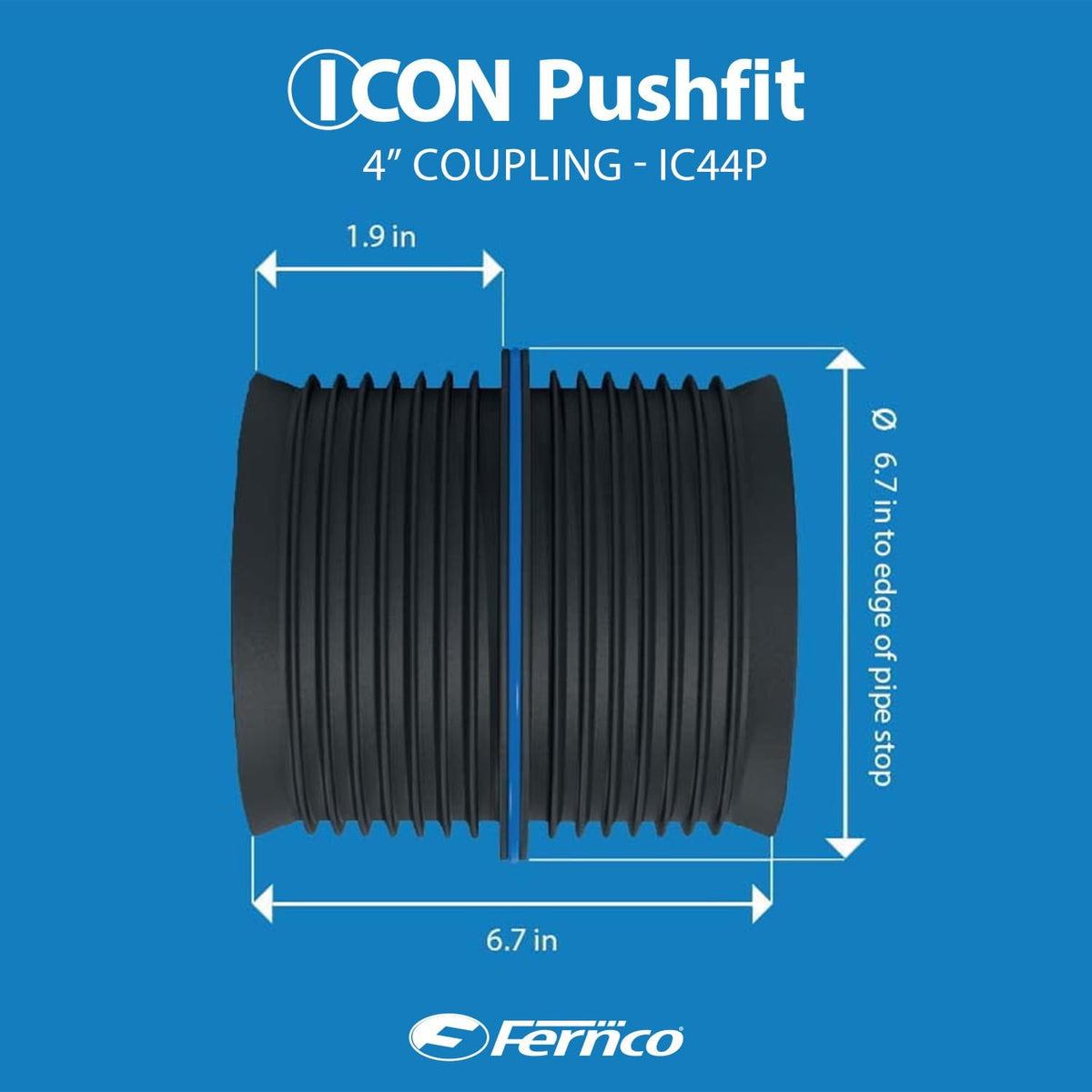 New Fernco 4" ICON Pushfit DWV Internal Coupling Sheared Off Pipe Connector, Plastic, Cast Iron and Copper