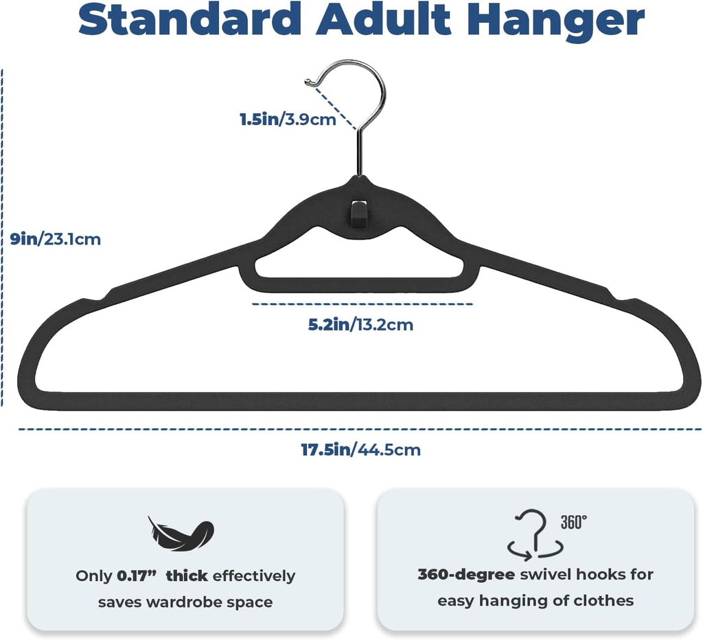 Black Velvet Hangers, Stackable Hanger with Non Slip Felt Fabric | Ultra Thin and Space Saving with 360° Swivel Hook