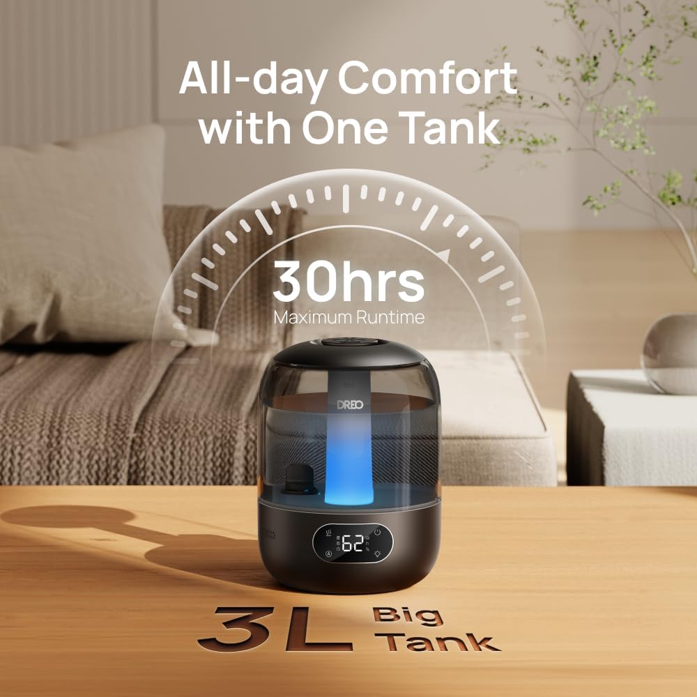 3L Humidifiers for Bedroom, 30H Runtime, 26 dB Quiet, Black | Easy to Refill & Clean, Precise Humidity Control, Night