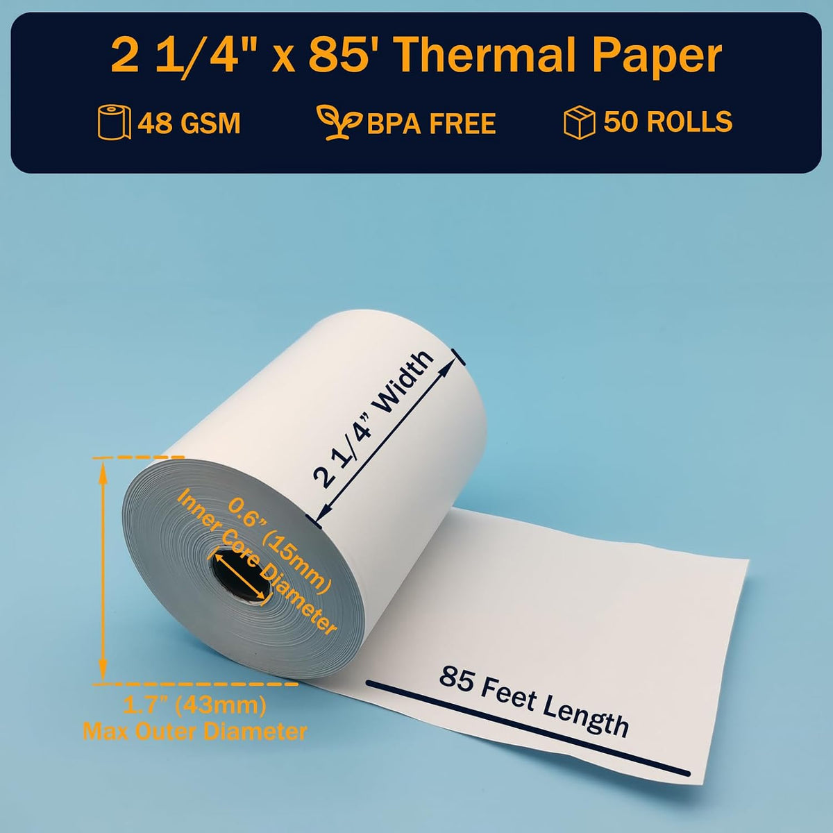 (50 Rolls) 2 1/4 x 85 Thermal Paper Rolls, BPA Free Thermal Receipt Paper Rolls, 2.25 inch Wide and 85 ft Long Per