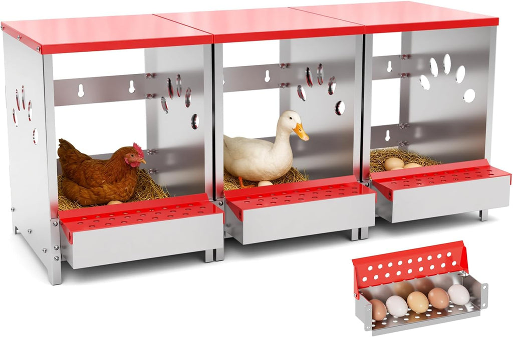 Chicken Nesting Boxes 3 Hole, Large Metal Hen Laying Box with Swing Perch