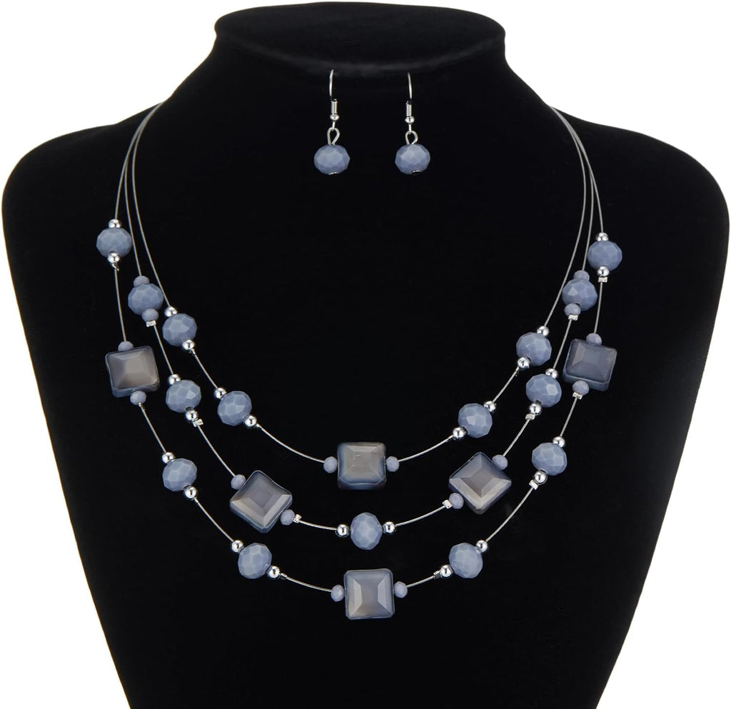 Layered Silver Beaded Necklace for Women Square Crystal Beads Statement Collar Necklace and Earrings Fashion Costumes