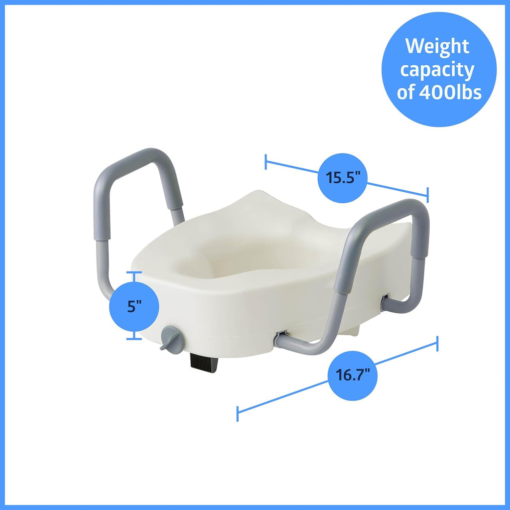 5" Elongated Raised Toilet Seat, with Lock and Removable Padded Arms- A Medical Seat for Seniors, Elderly, Adults, or
