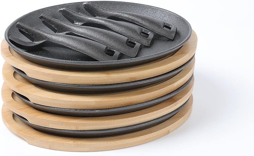 Cast Iron Fajita pan with Bamboo Tray and Handle Set of 4