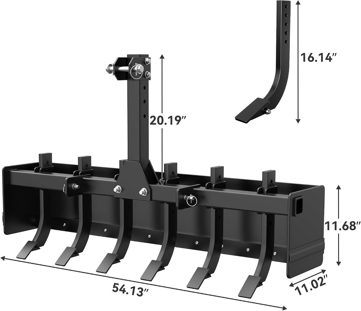 55" Box Blade Tractor Attachment, Scarifier Shank for CAT1/0 | 55" Garden Lawn Mower Tractor Box Blade Fit for