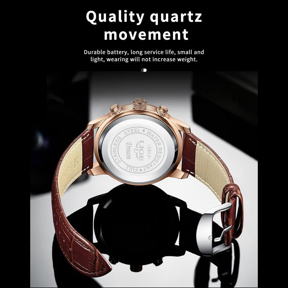 Men Casual Waterproof Roman Numerals Leather Band Analog Quartz Wristwatches with Chronograph Calender Business Watch