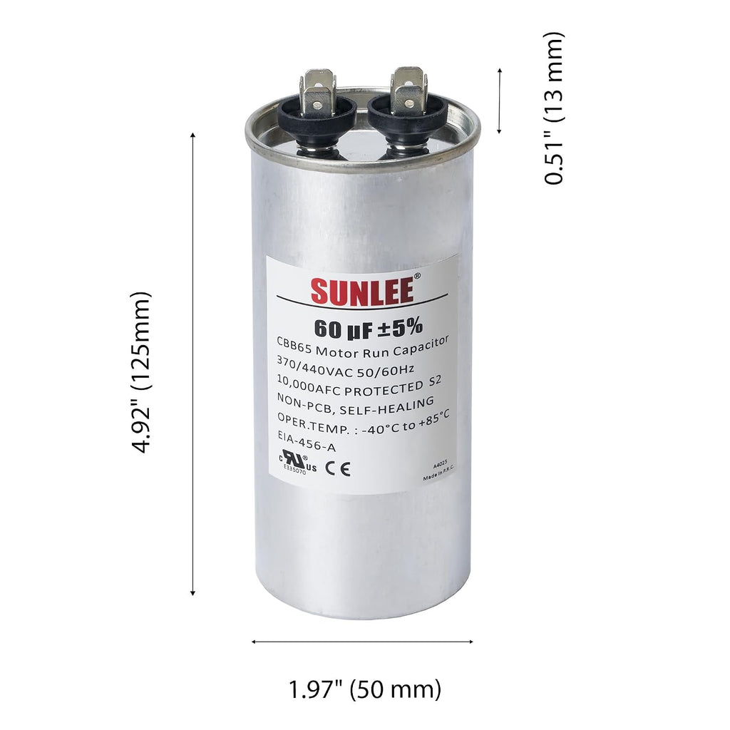 SUNLEE UL Recognized Single Run 60 uF (60 MFD) 370/440 VAC CBB65 Capacitor, 50/60 Hz, Reliable Replacement for AC Condenser Fan Motor, Heat Pump or Pool Pump
