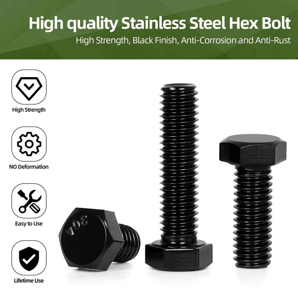 10 PCS M10 x 30mm Hex Head Screw Bolt, Stainless Hex Bolts, Full Thread, 18-8 Stainless Steel (304), Black Coating