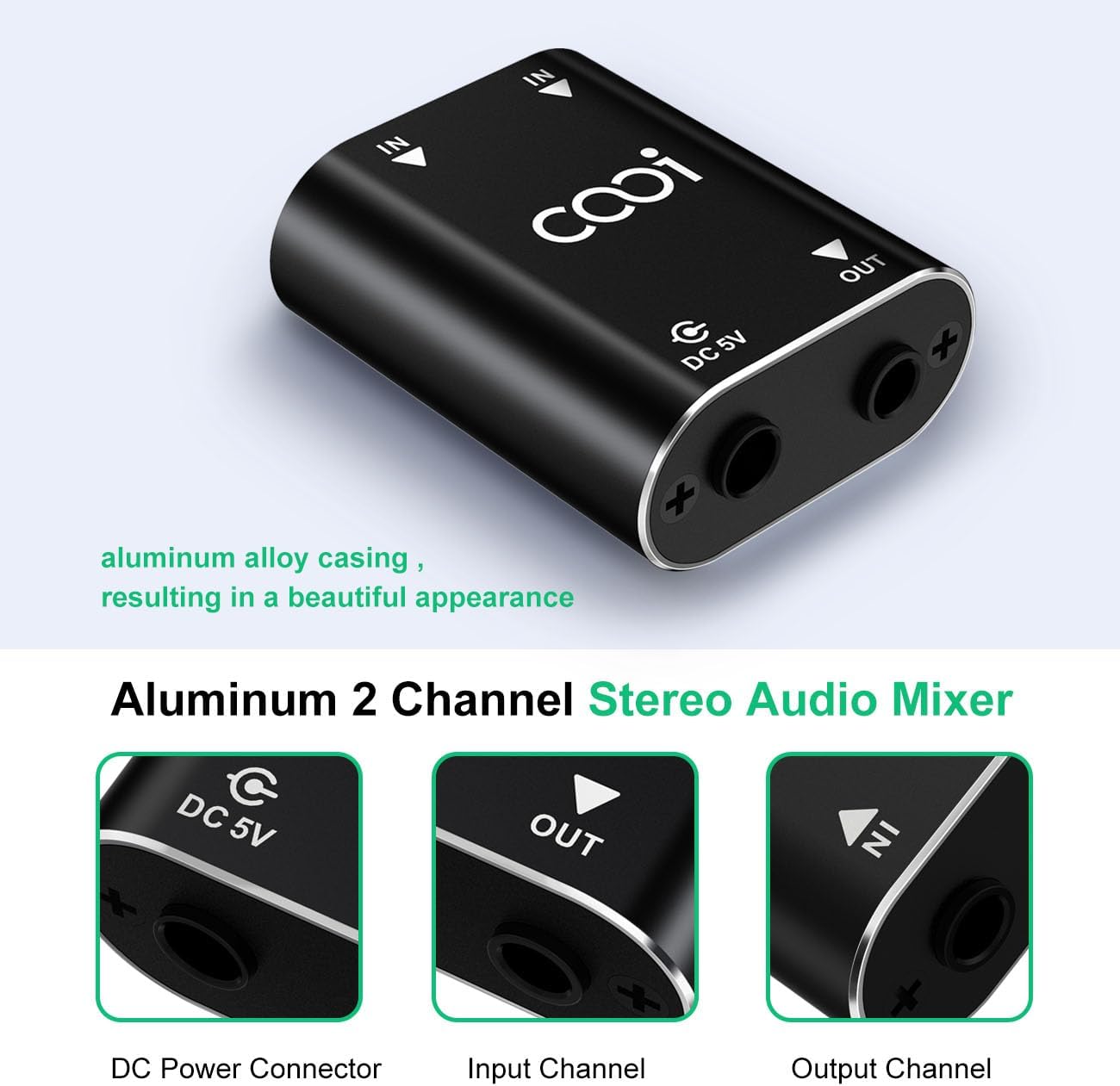 2 Channel Stereo Mini Audio Mixer | Metal Shell, AUX Interface Support, 2 In 1 Out Mini Stereo Sound Mixer, Includes