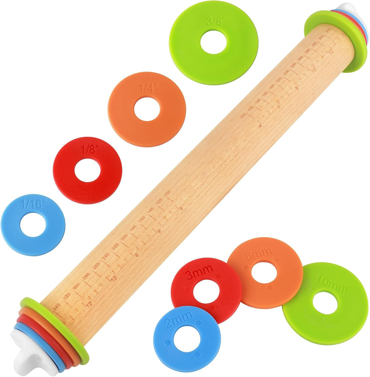 Wood Rolling Pin with Thickness Rings, Adjustable Wooden Rolling Pins for Baking, Dough Roller Pins for Cookie Pastry