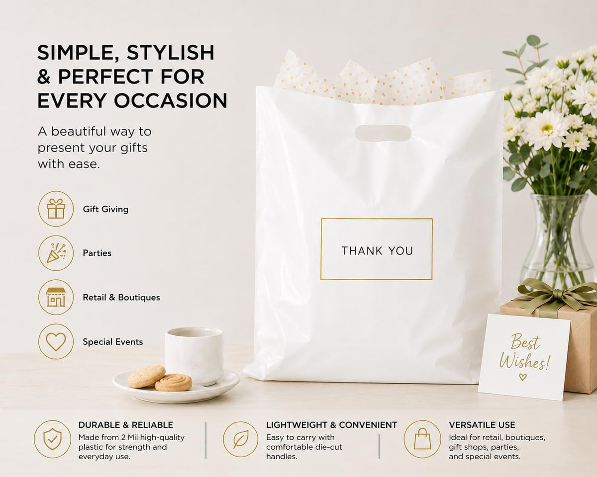 White Plastic Shopping Bags with Handles, Thank You Boutique Retail Bags, Large 16" x 18", 100 Pack for Merchandise