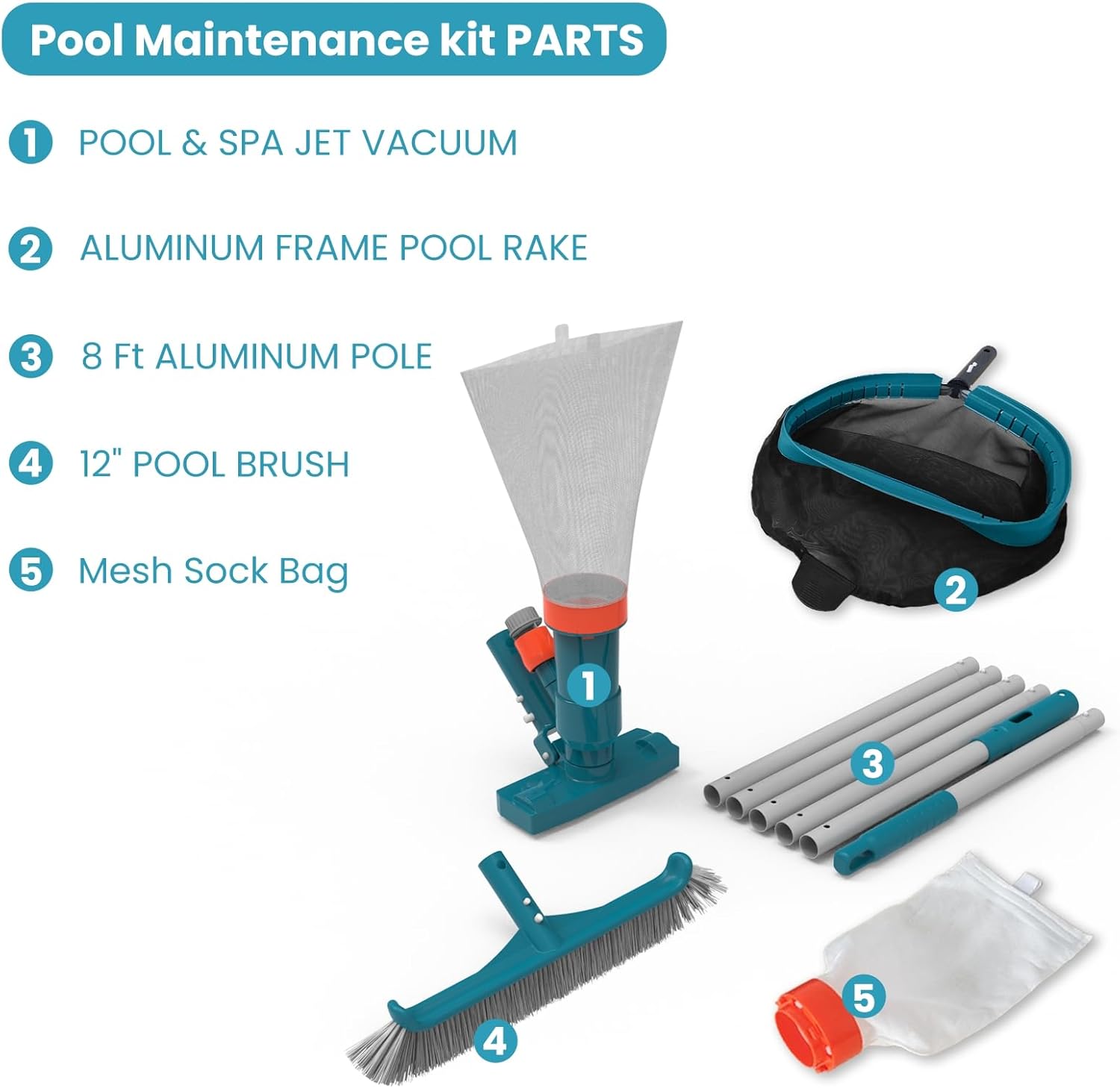 Above Ground Pool Cleaning Kit with Garden Hose Pool Vacuum, Aluminum Frame Leaf Rake Net, Wall Brush and 8Ft Pole