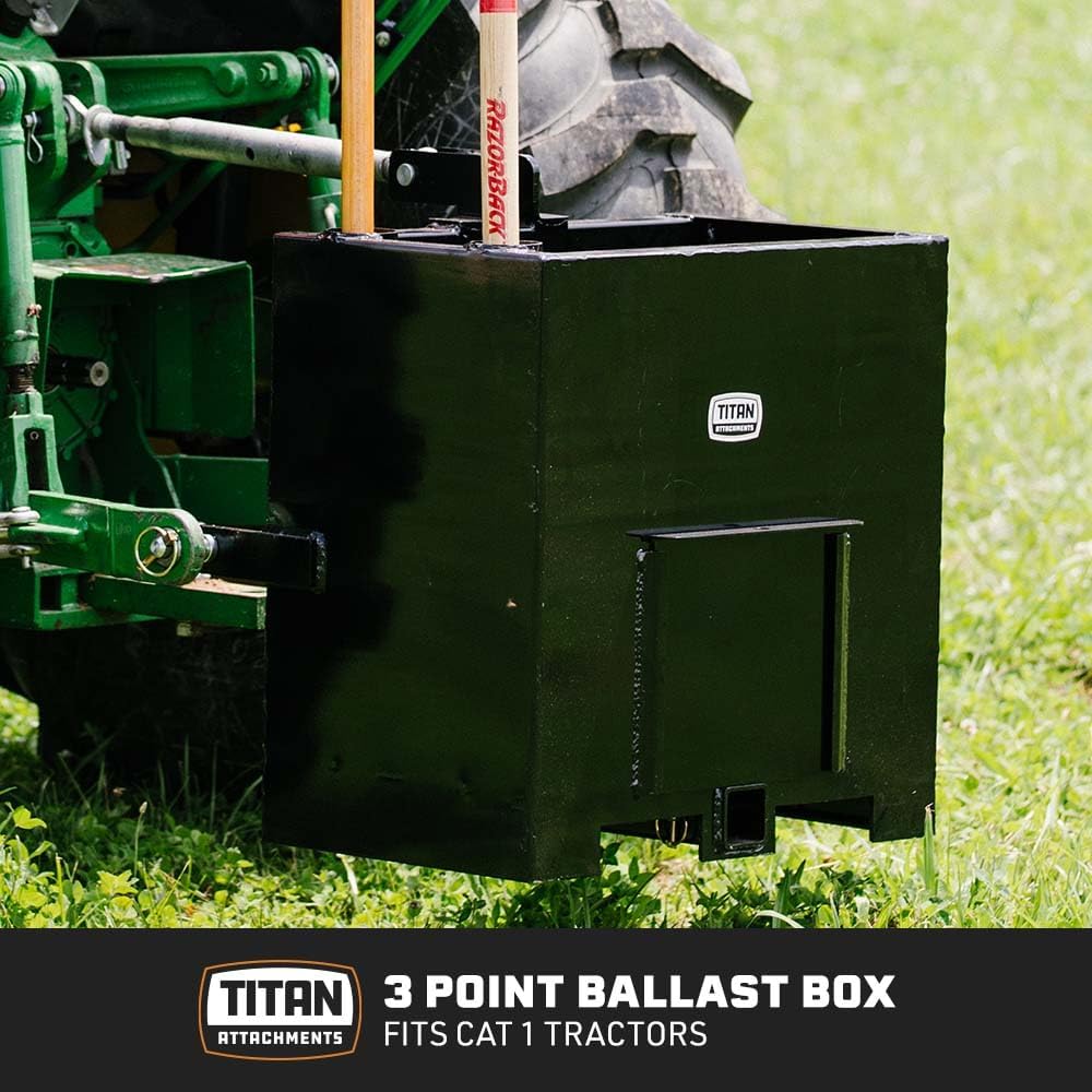3 Point Black Ballast Box Fits Category 1 Tractor Attachment, Quick Hitch Compatible, 800lb Capacity, Tractor Ballast
