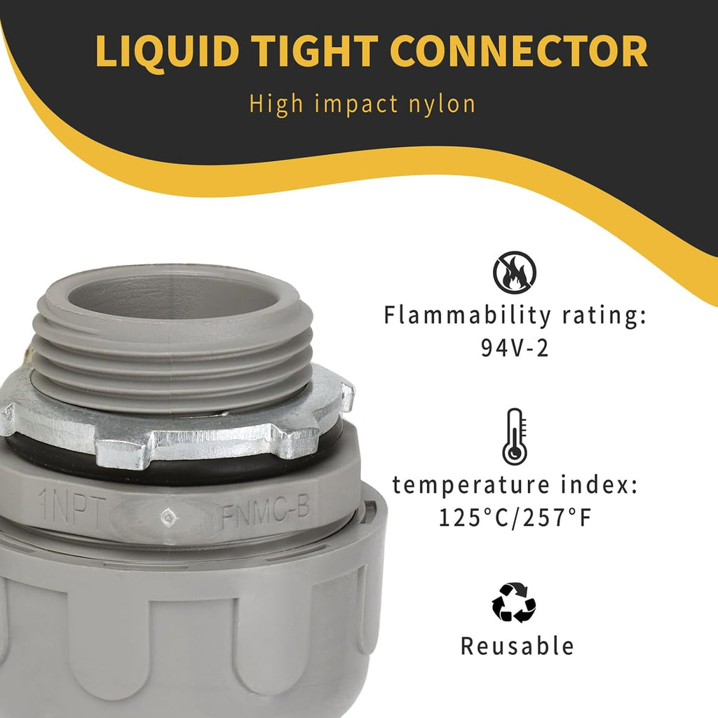 Conduit Connectors, 1 Inch, Straight, Grey, 5-Pack | Liquid Tight Connector, NPT, Non-Metallic