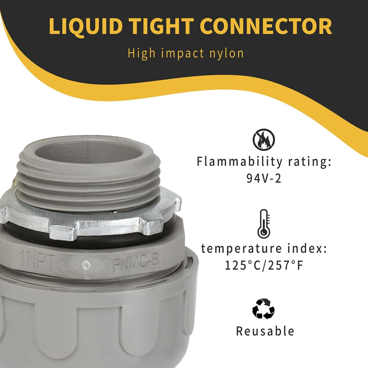 Conduit Connectors, 1 Inch, Straight, Grey, 5-Pack | Liquid Tight Connector, NPT, Non-Metallic