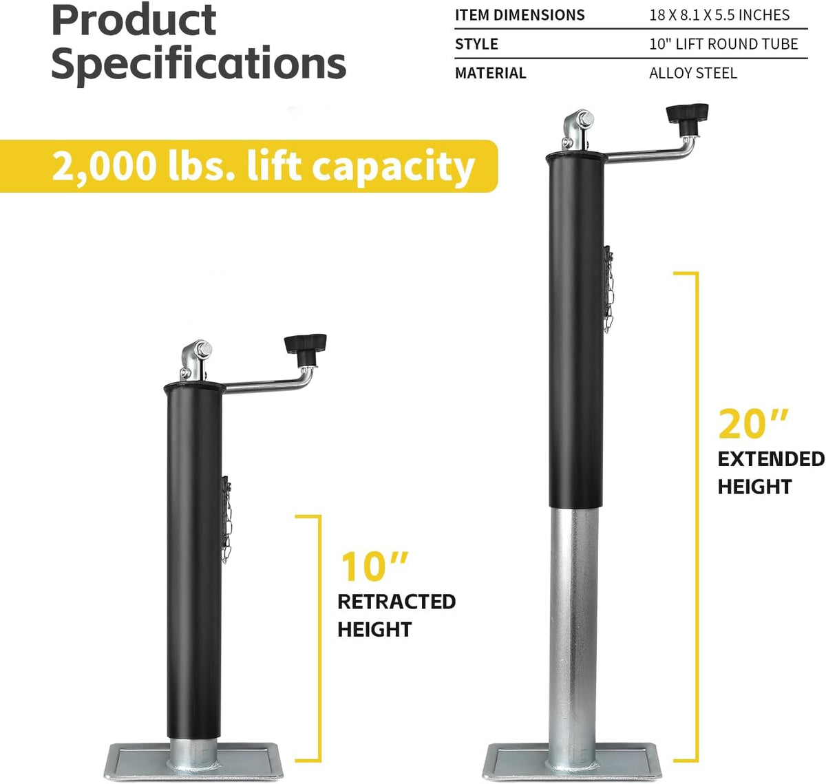 70150 2000 lb Capacity Weld-On Round Tube Swivel Trailer Jack, Top Wind Tongue Jack with 10" Lift, Adjustable 10"-20"
