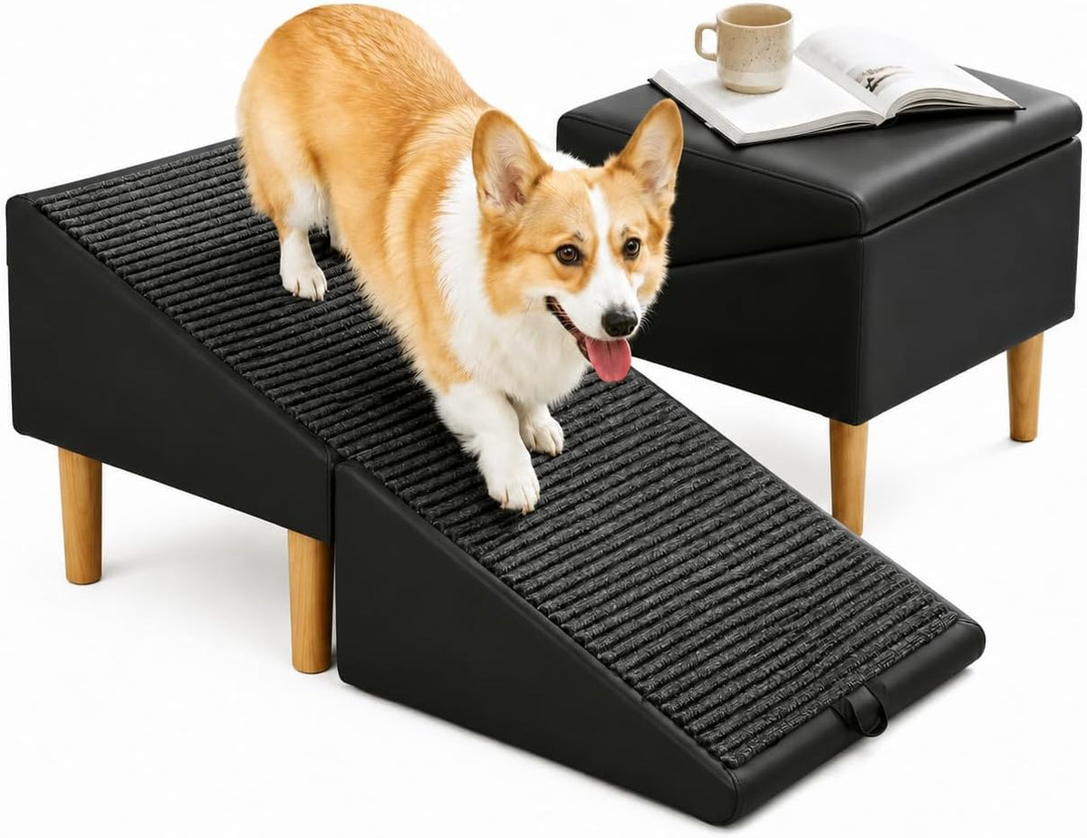 2-in-1 Foldable Ottoman Dog Ramp for Couch,Convertible Folding Dog Stairs for Couch and Bed,Non-Slip Wooden Pet