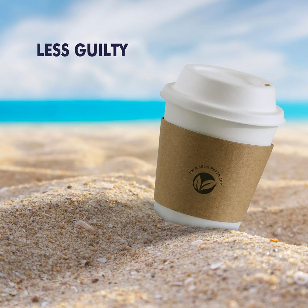 [50 pack] 12 oz Compostable Coffee Cups with Lids and Kraft Sleeves, Eco Friendly Disposable White Paper Cups Combo