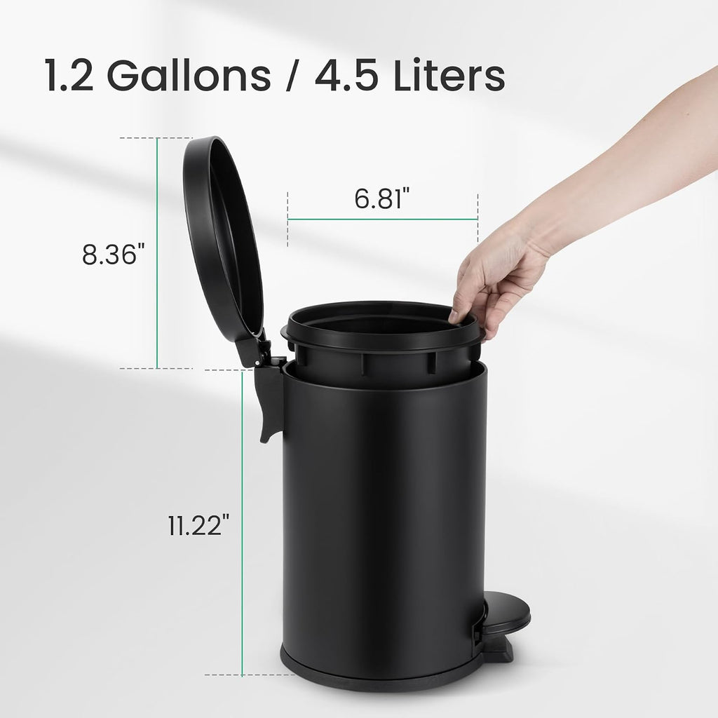 Small Round Bathroom Trash Can with Lid Soft Close, 1.2 Gal, Black | Removable Inner Bucket, Stainless Steel Garbage