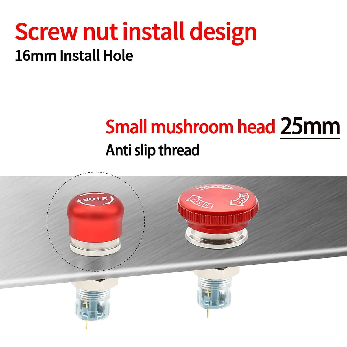 16mm /0.63" Latching Emergency Stop Push Button Switch SPDT Mushroom Stainless Steel Red with Wired Socket 120V 12V 5V-220V (16MM Small Head 1NO 1NC)