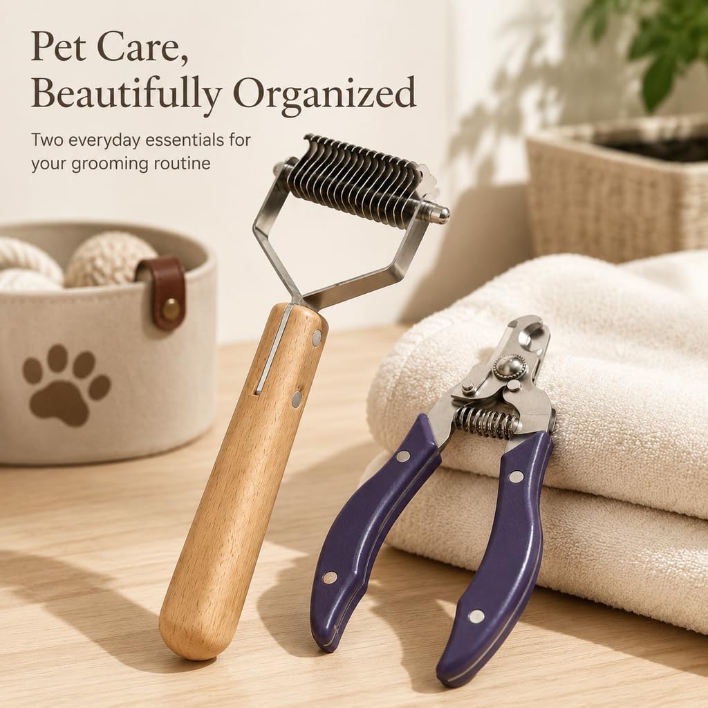 Pet Dematting Rake and Nail Clippers Set - Professional 2-in-1 Undercoat Deshedding Tool with Solid Wooden Handle &