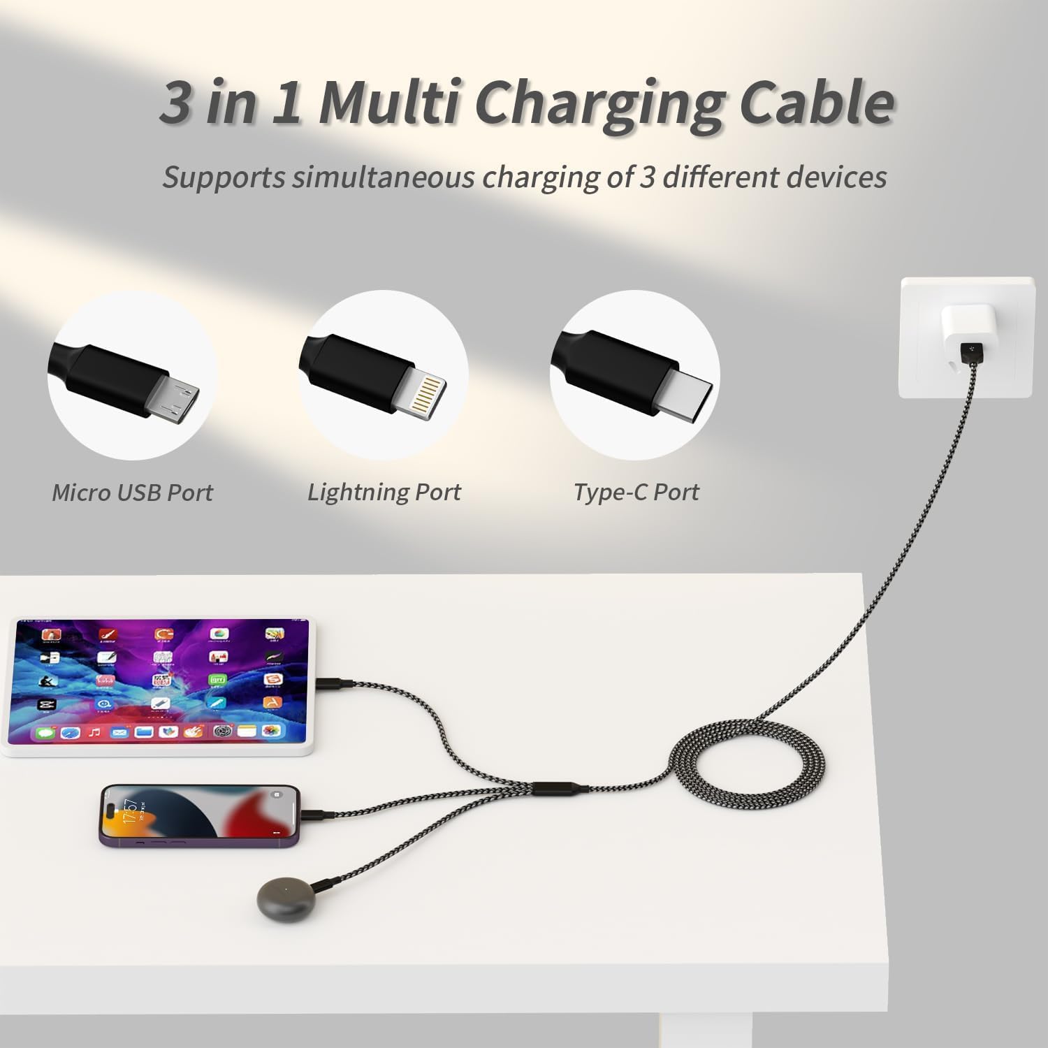 Multi Charging Cable(2Pack 4FT), 3 in 1 USB Charging Cable for Multiple Devices, Braided Universal Phone Charger Cord