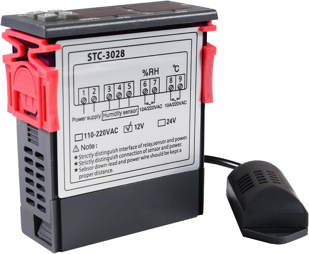 STC-3028 Temperature Controller 12V Temperature and Humidity Controller Meter with Integrated Sensor Dual Digital