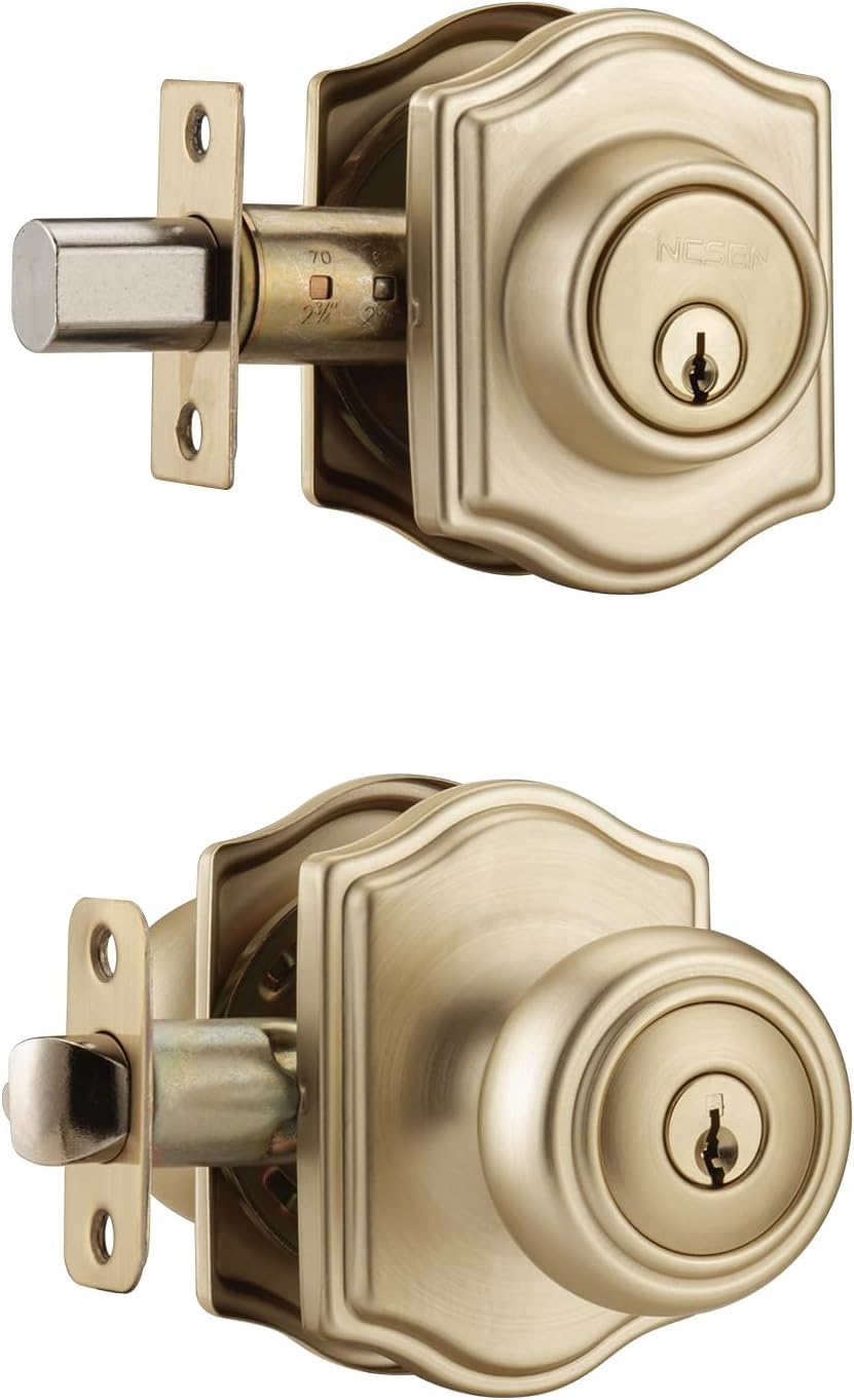 Brushed Gold Door Knobs with Camelot Trim, Exterior Door Lock Set with Deadbolt Keyed Alike, Coastal Style Exterior