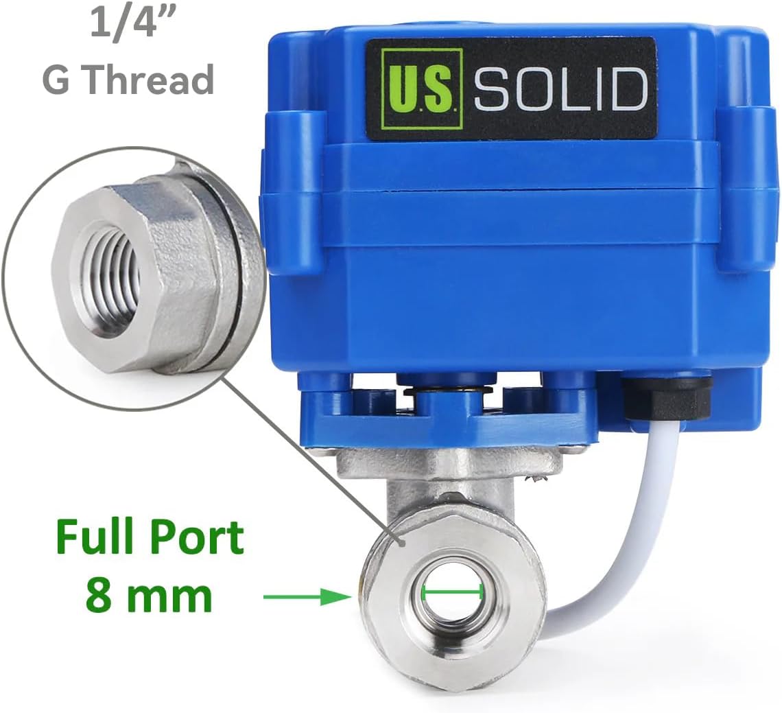 U.S. Solid 1/4 in Motorized Ball Valve, NSF Certified 304 Stainless Steel Electric Valve, Normally Closed, 9-24V AC/DC, 2-Wire Auto Return, Full Port