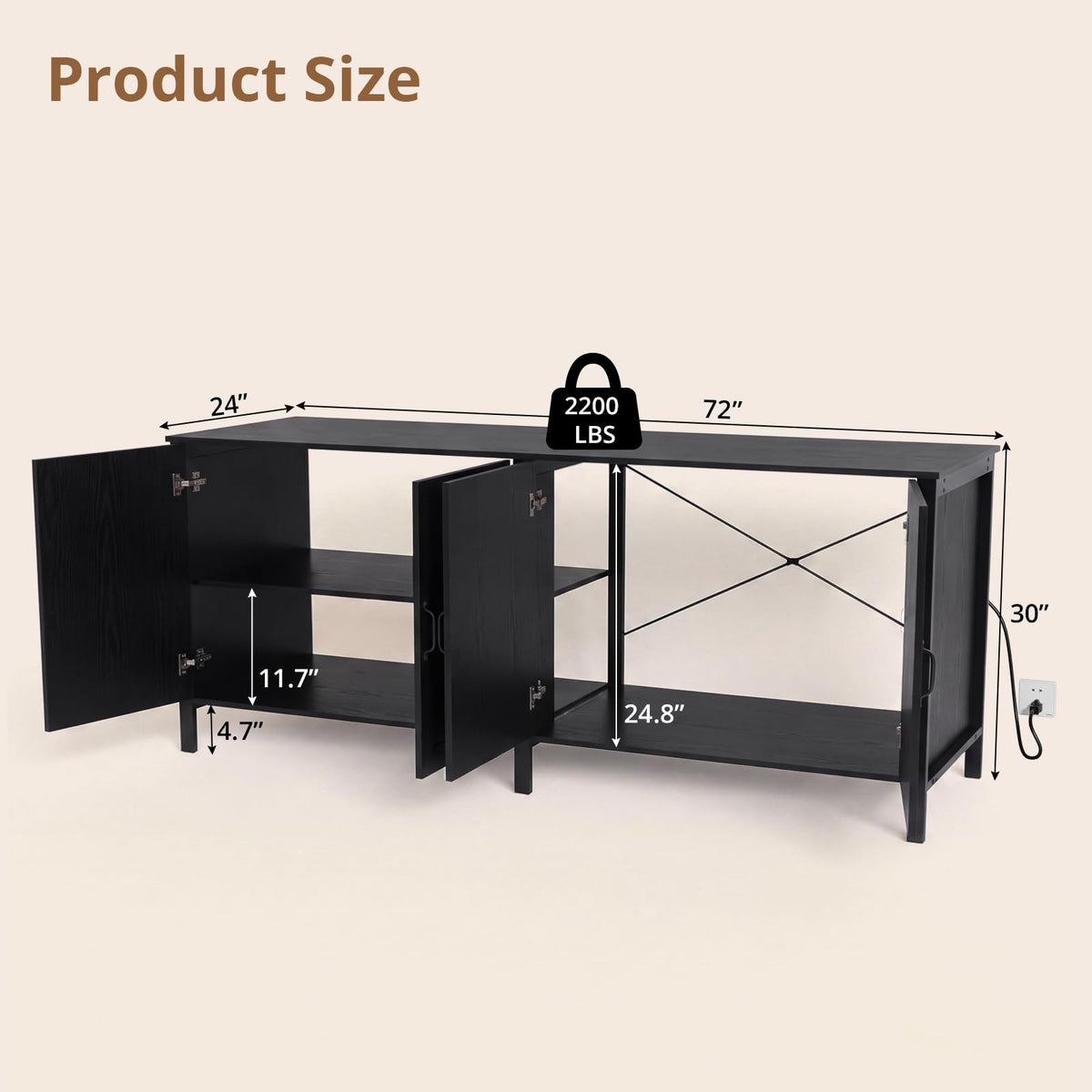 180-200 Gallon Fish Tank Stand with Power Outlet & Cabinet, Black