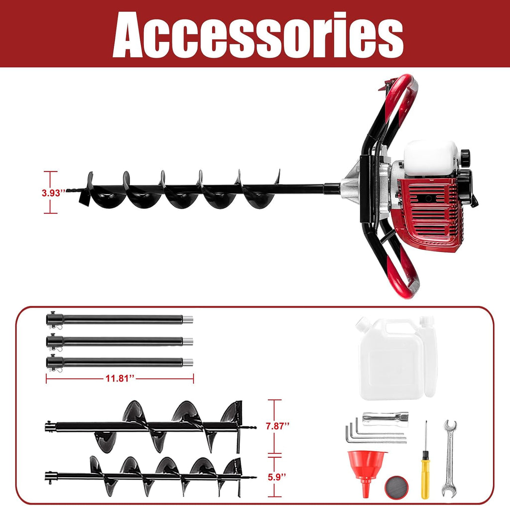 52CC Gas Post Hole Digger with 3 Auger Bits & 3 Extensions | 52CC 2-Stroke, 8000RPM, 3 Bits (4/6/8"), 3 Extensions