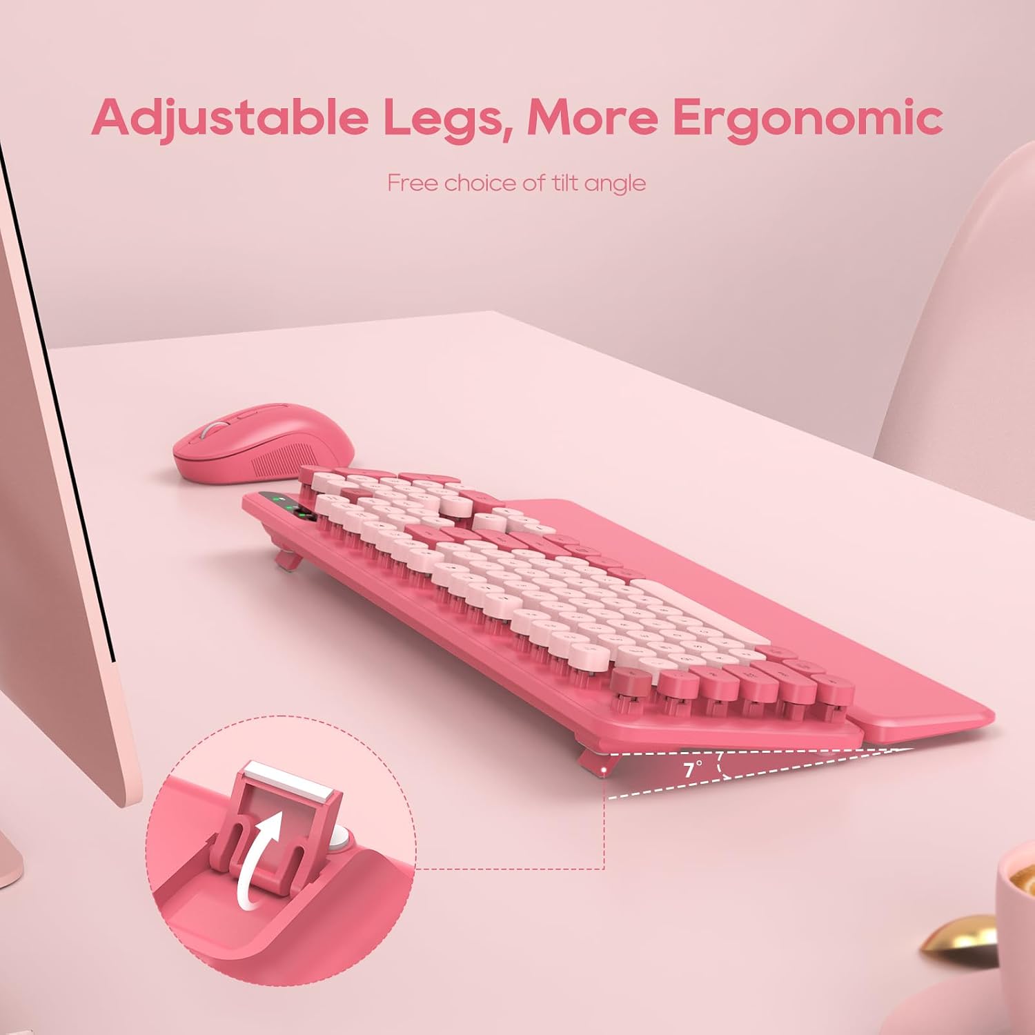 Wireless Keyboard and Mouse Combo, Round Keycaps, Magnetic Wrist Rest, Pink | Full-Size Retro Typewriter-Style