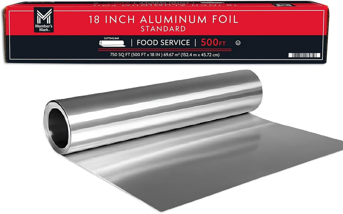 Member Marks Standard Foodservice Aluminum Foil, 18" x 500 ft - Heavy Duty Catering Tin Foil Roll with Integrated